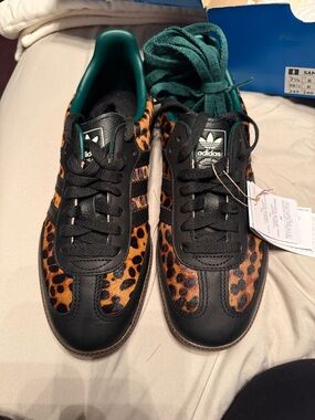 Adidas Black Samba OG Sneakers with Leopard/Green